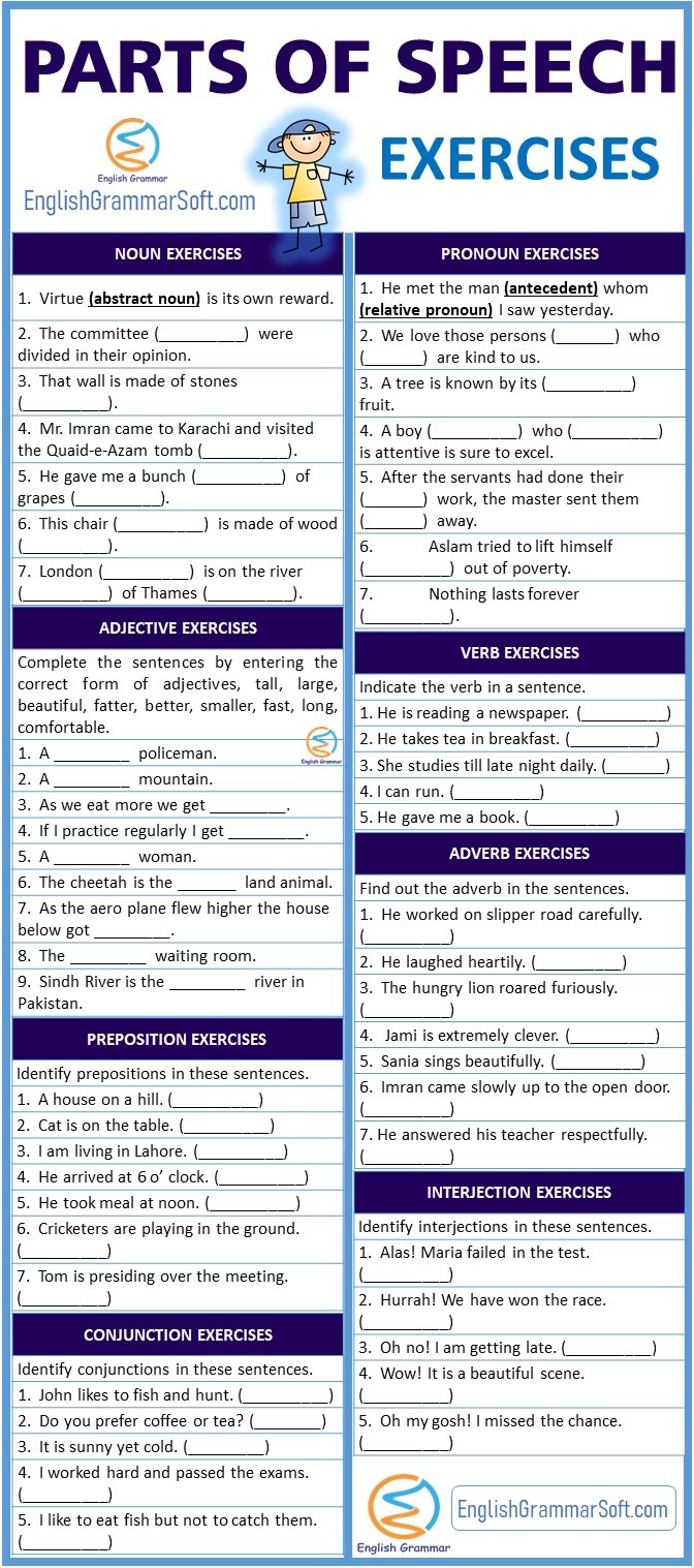 Parts of Speech Exercises [Worksheet] with Answers - EnglishGrammarSoft