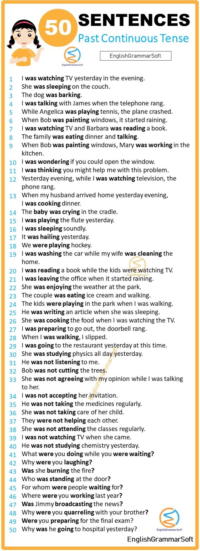 50 past continuous tense sentences examples