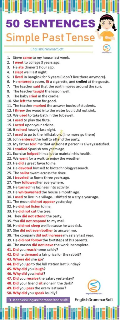 50 Sentences of Simple Past Tense (Affirmative, Negative, Questions ...