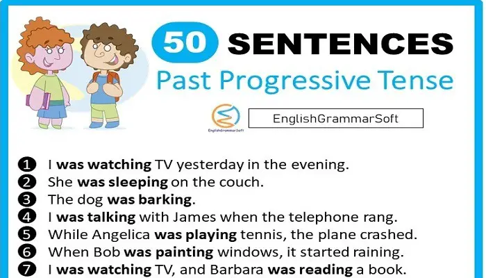 past progressive tense sentences (50 examples)