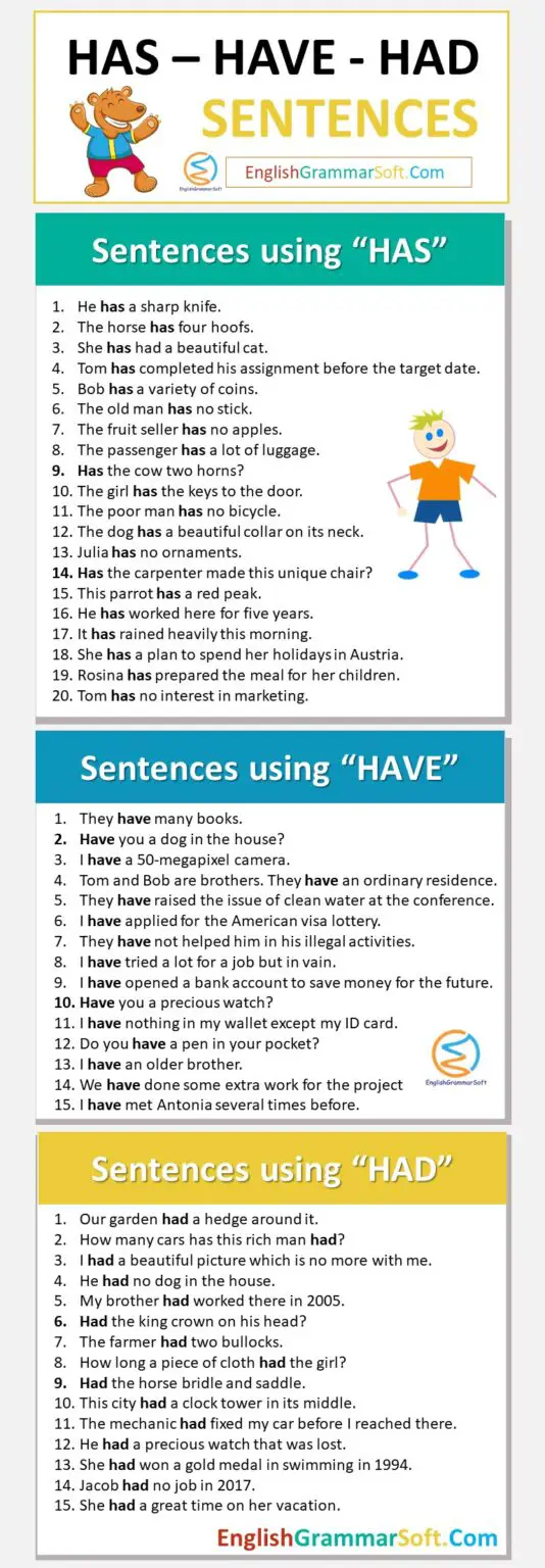 Has Have Had use in sentences | 50 Examples - EnglishGrammarSoft