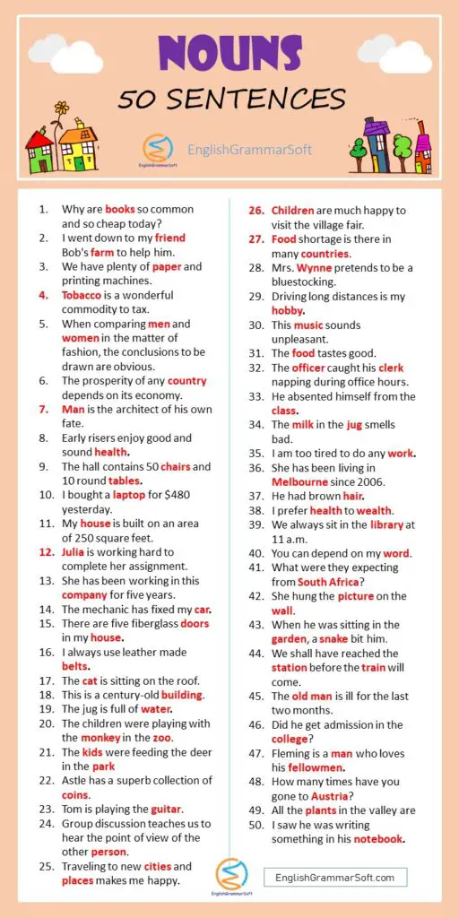 Sentences of Nouns (50 Examples) - EnglishGrammarSoft