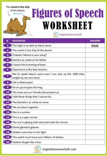 Figures Of Speech Worksheet With Answers - Englishgrammarsoft