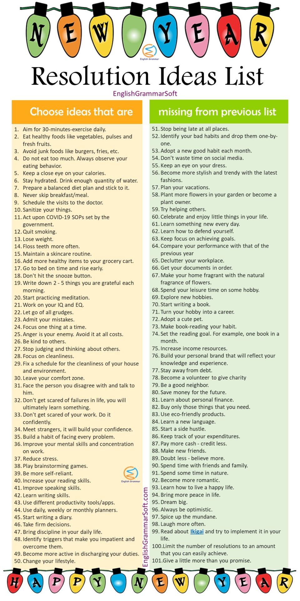 Ultimate List of 101 New Year Resolution Ideas 2021 English Grammar