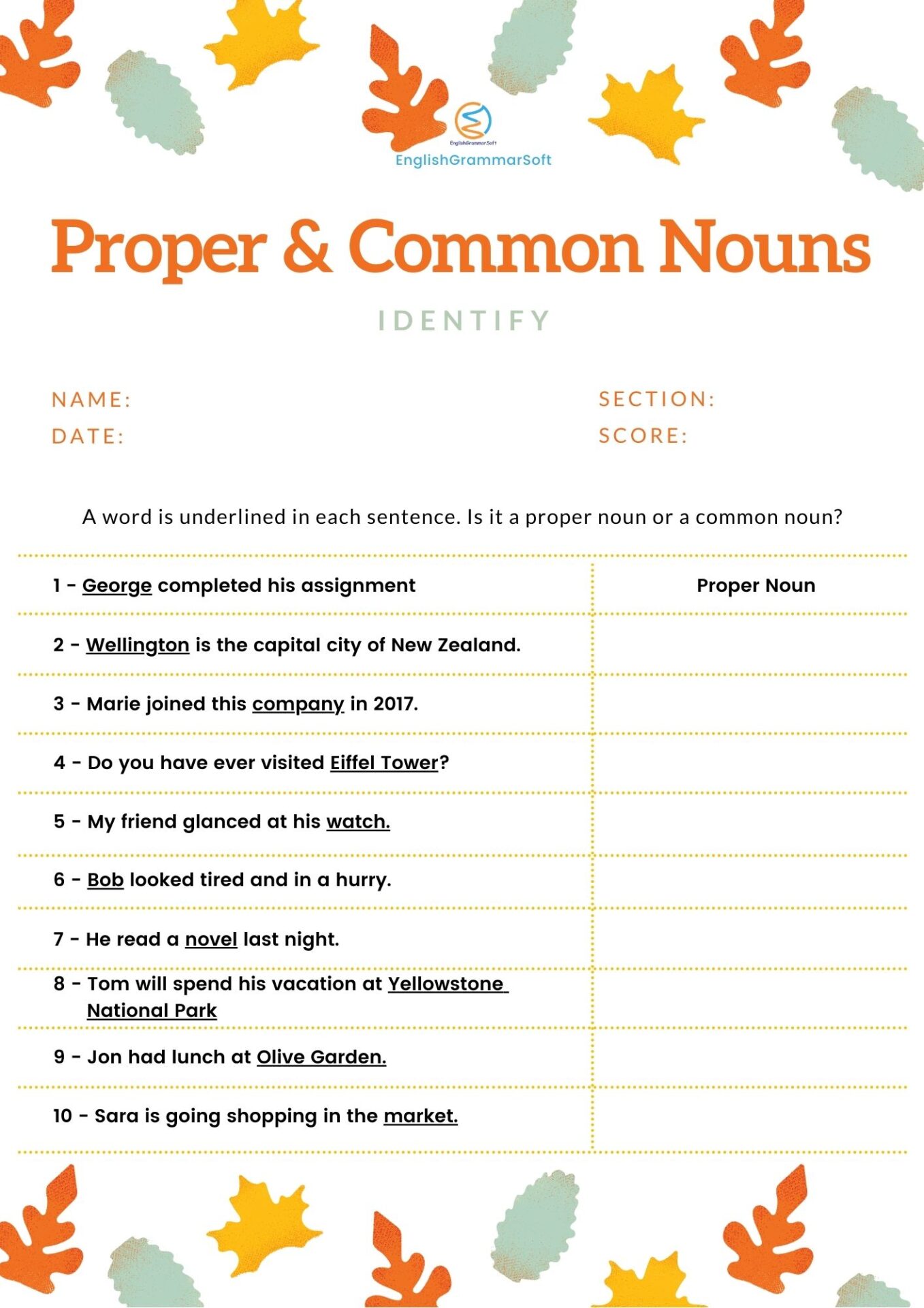 Proper Noun Worksheets with Answers - EnglishGrammarSoft For Proper Nouns Worksheet 2nd Grade