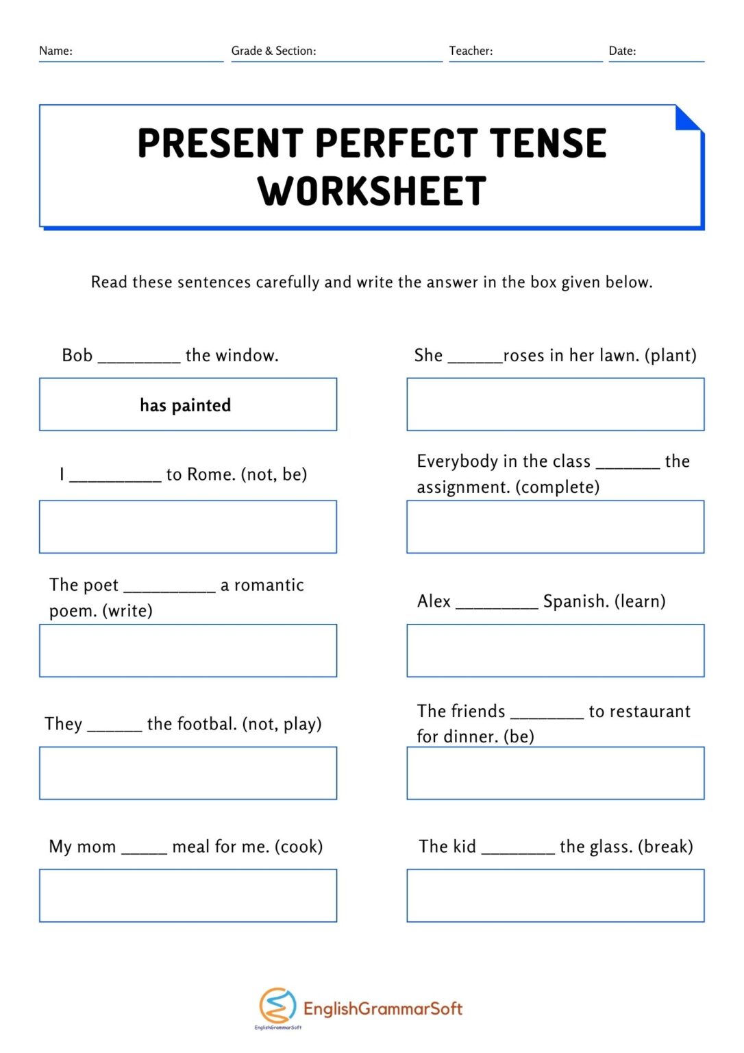 Present Perfect Tense Worksheet With Answers