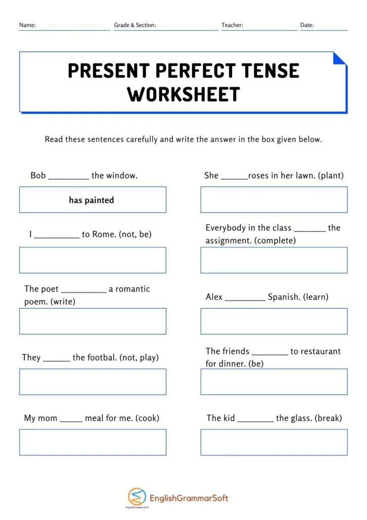 Present Perfect Tense Worksheets with Answers - EnglishGrammarSoft