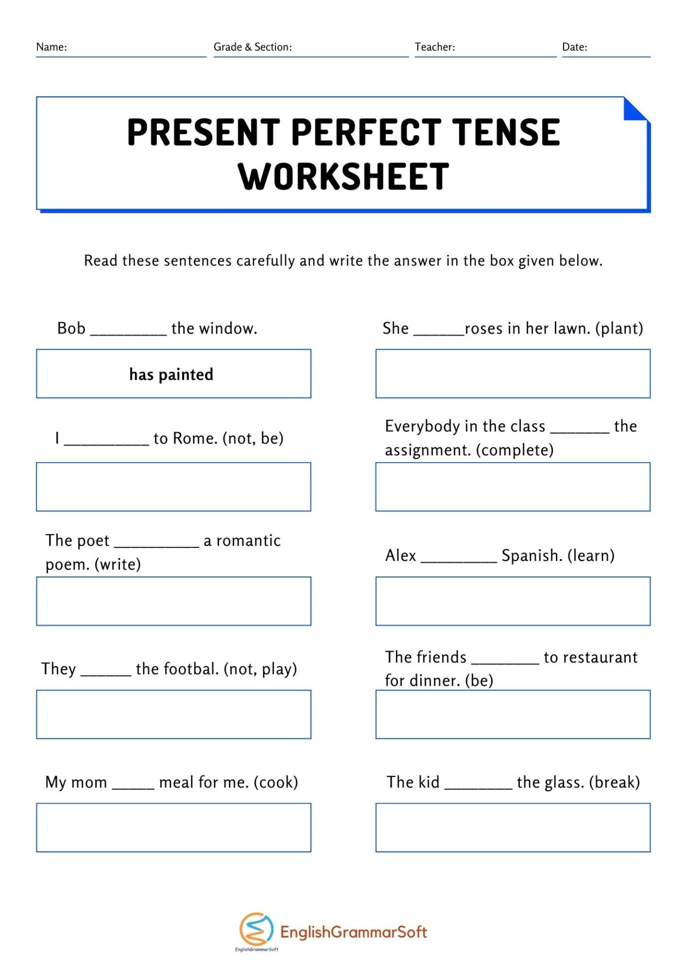 present perfect tense worksheets with answers englishgrammarsoft