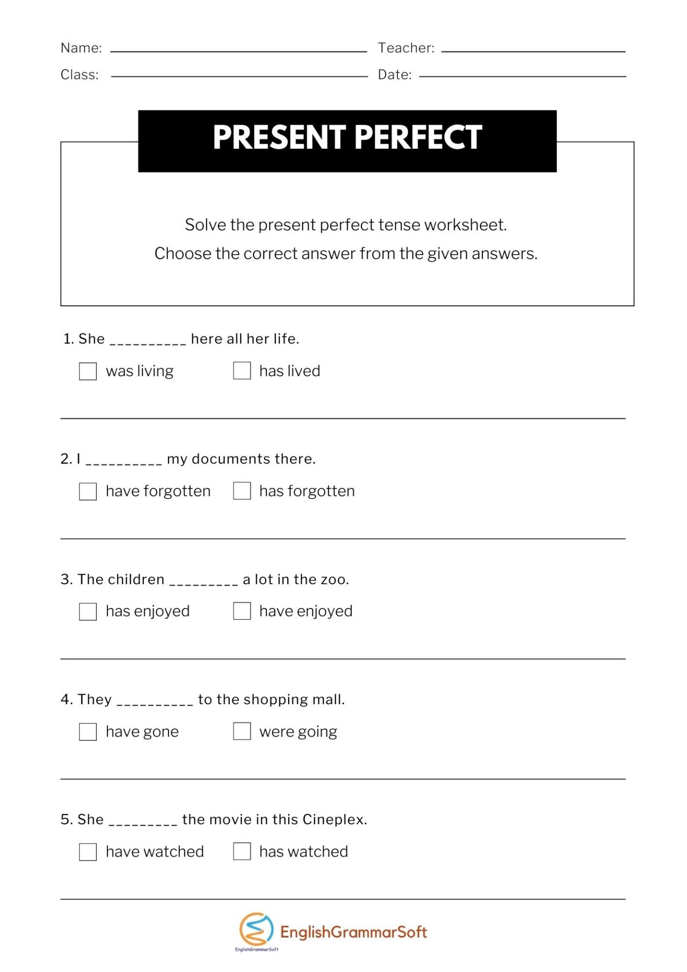 Present Perfect Tense Worksheets