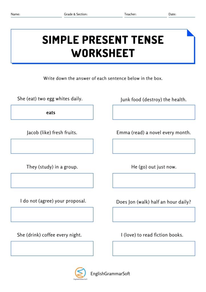 Simple Present Tense Worksheet Grade 3