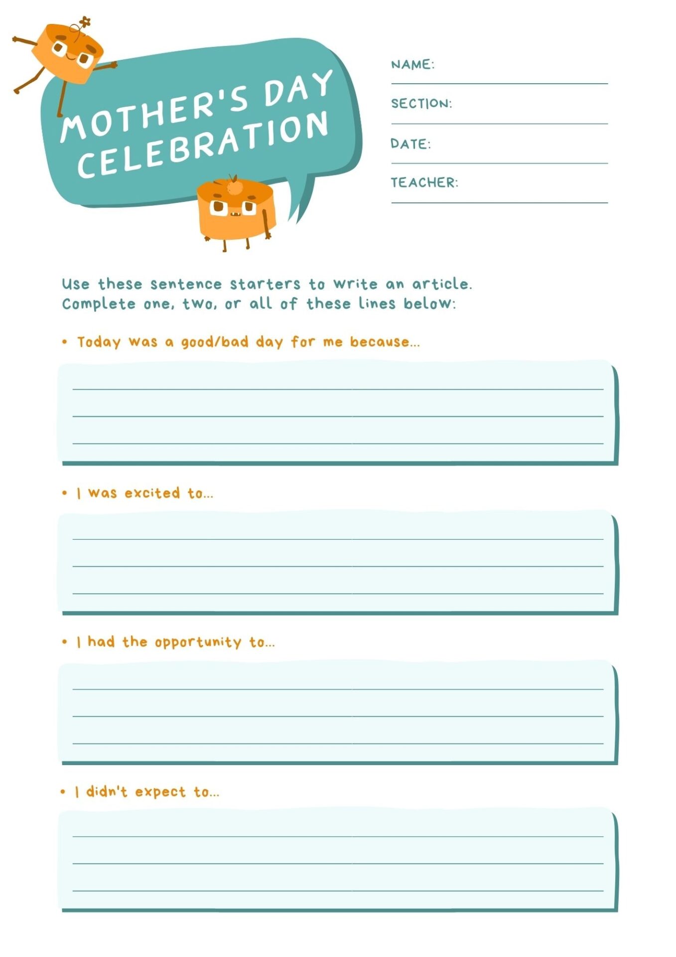 Free Printable Mother's Day Worksheet