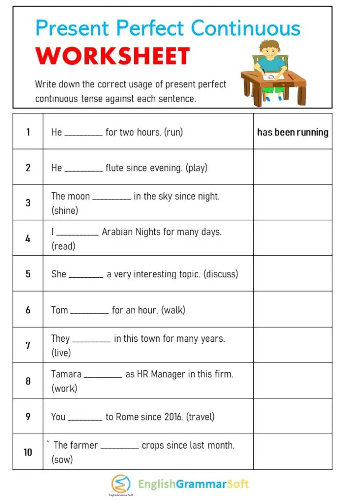 Present Perfect Continuous Worksheet with Answers - EnglishGrammarSoft