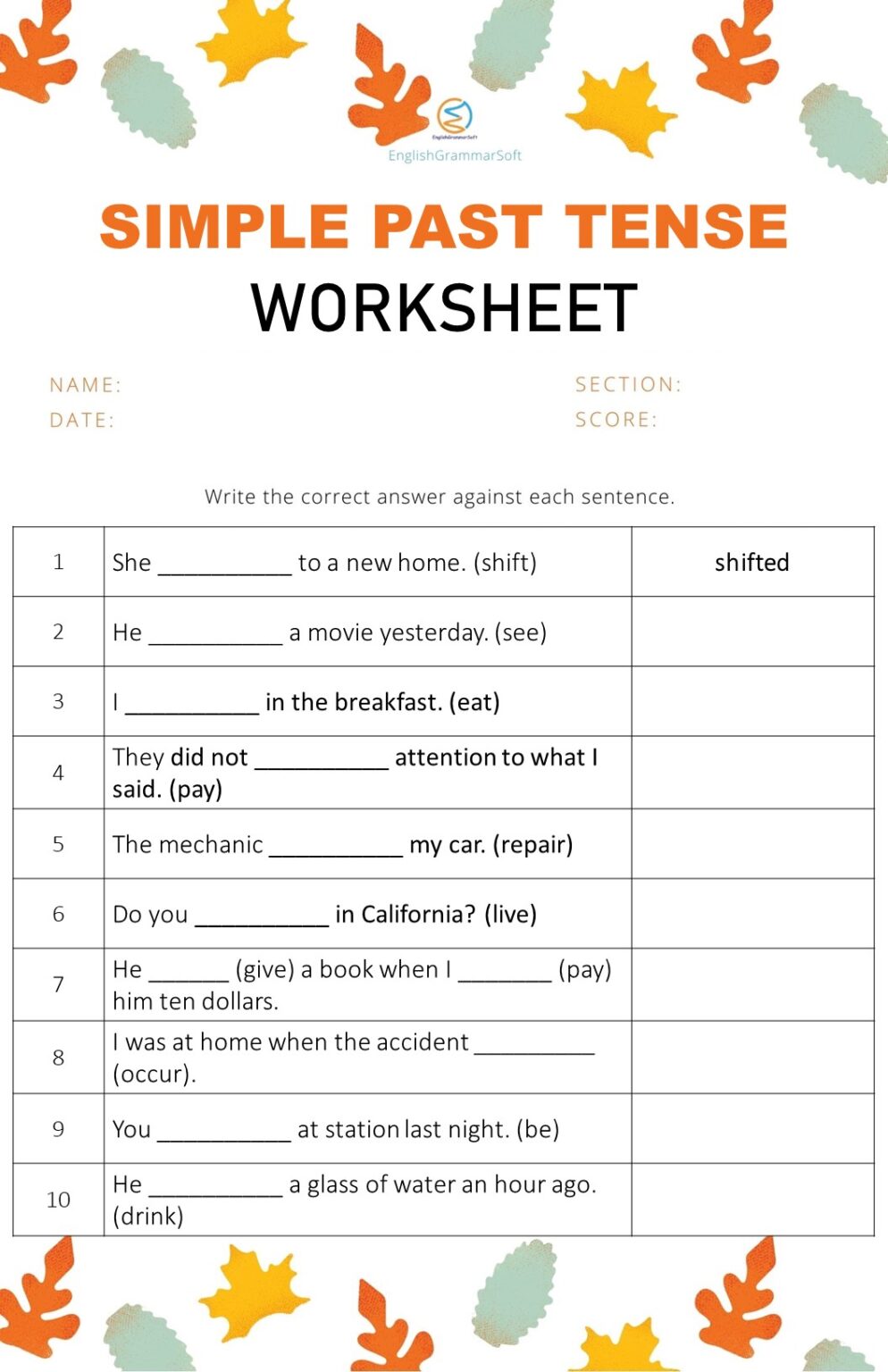 Past Conditional Tense Worksheet For Grade 6