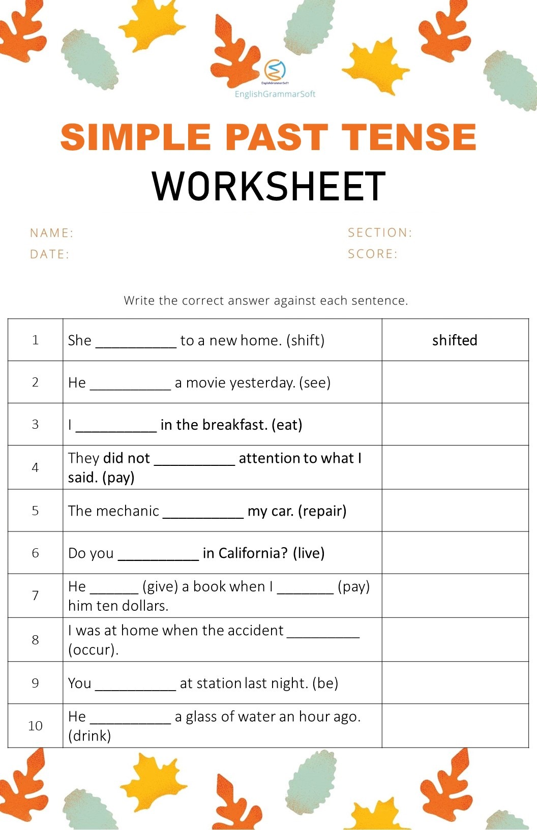 Simple Past Tense Worksheet with Answers