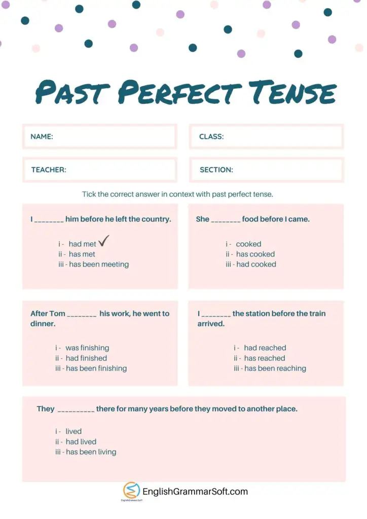 Worksheet for Past Perfect Tense [with Answers] - EnglishGrammarSoft