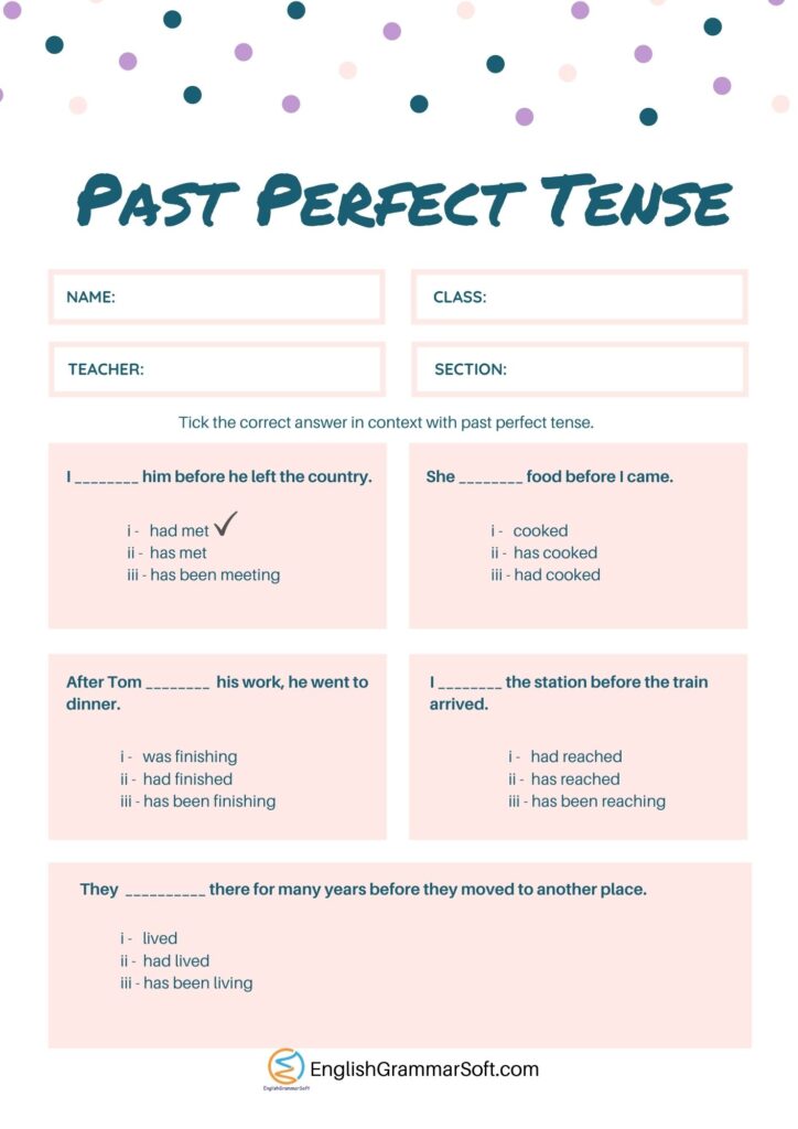 Worksheet For Past Perfect Tense with Answers EnglishGrammarSoft