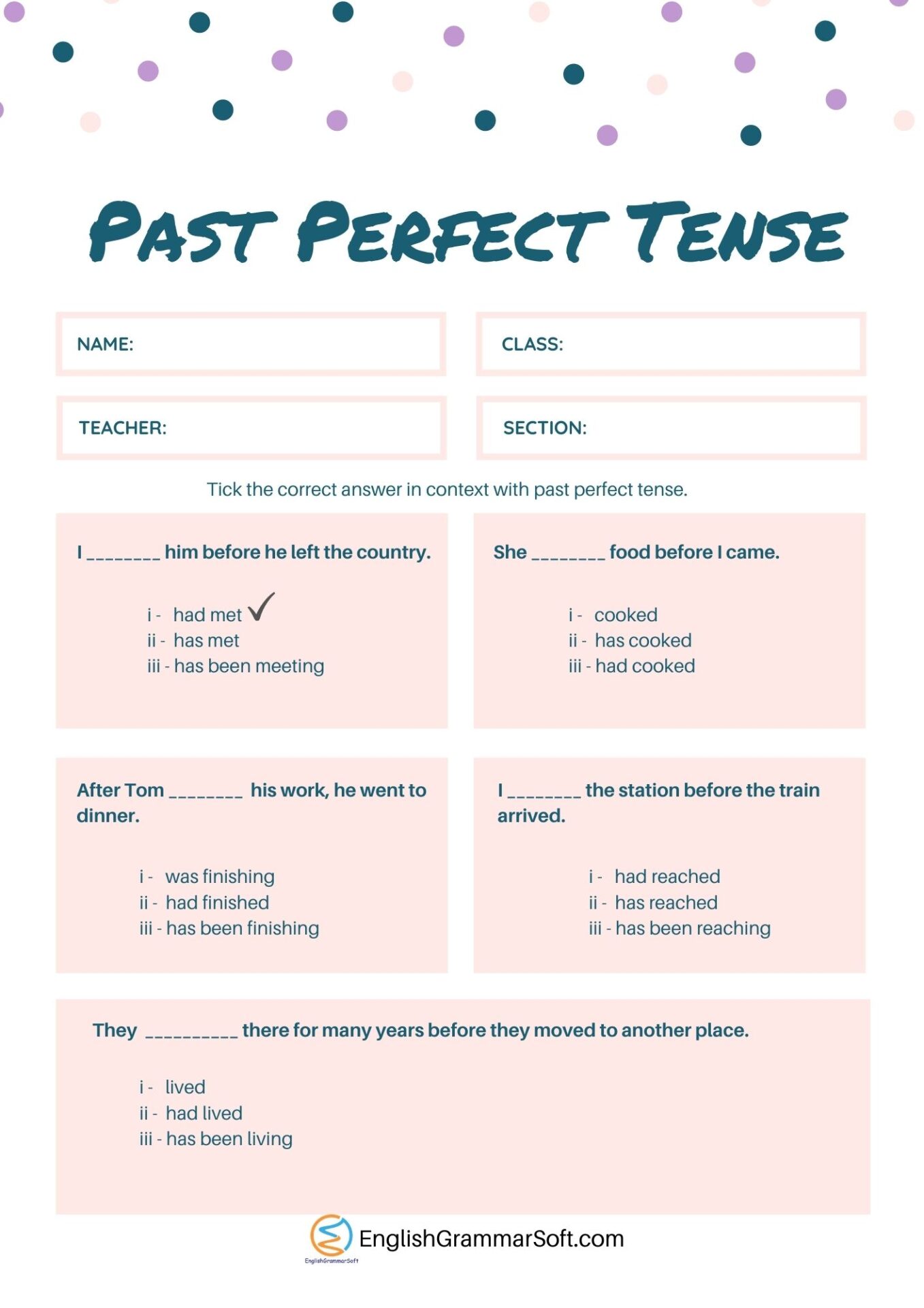 Worksheet For Past Perfect Tense with Answers EnglishGrammarSoft