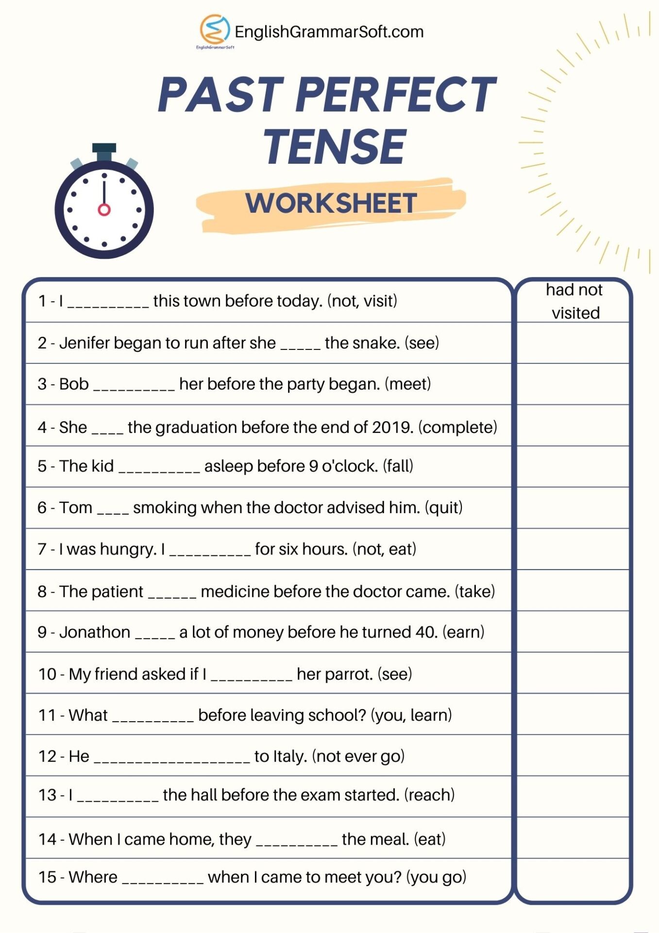 Worksheet for Past Perfect Tense