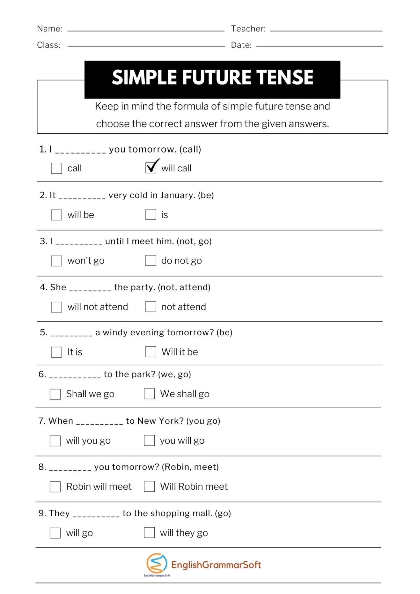 Worksheet for Simple Future Tense