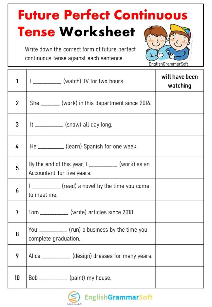 future perfect continuous tense worksheets with answers