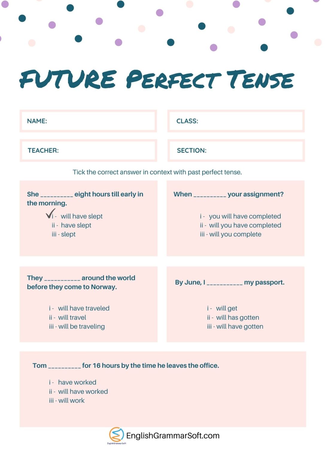 Future Perfect Tense Worksheet For Grade 7