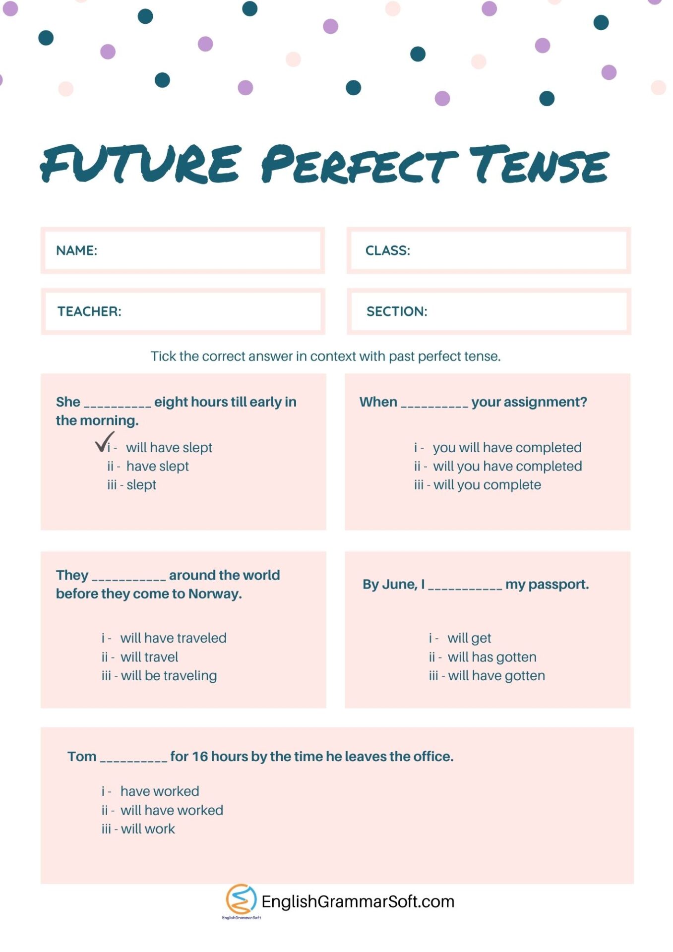 Worksheets on Future Perfect Tense with answers