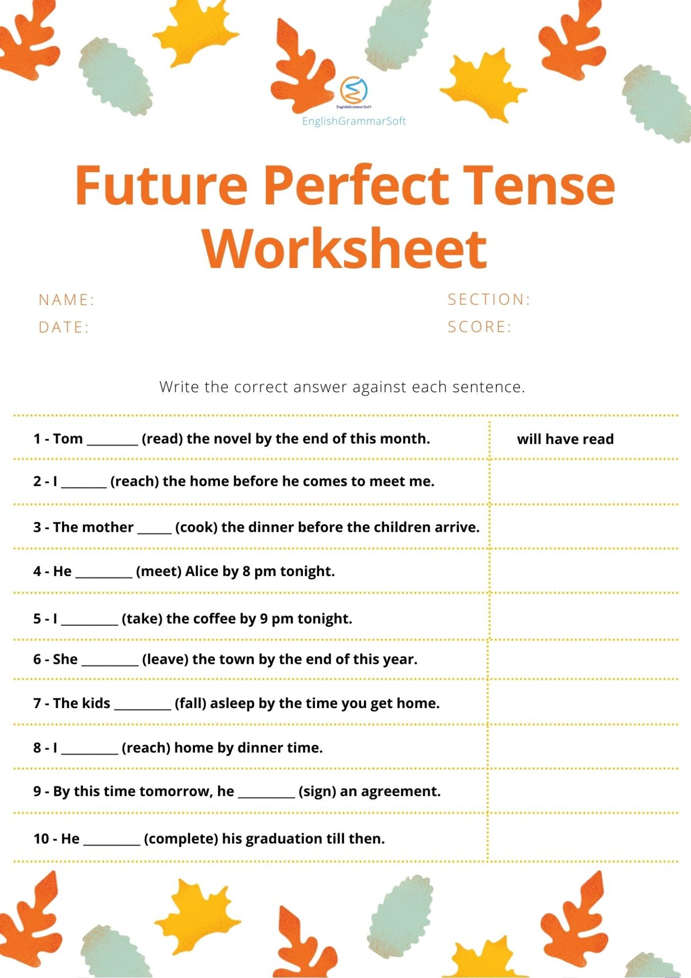Worksheets on Future Perfect Tense