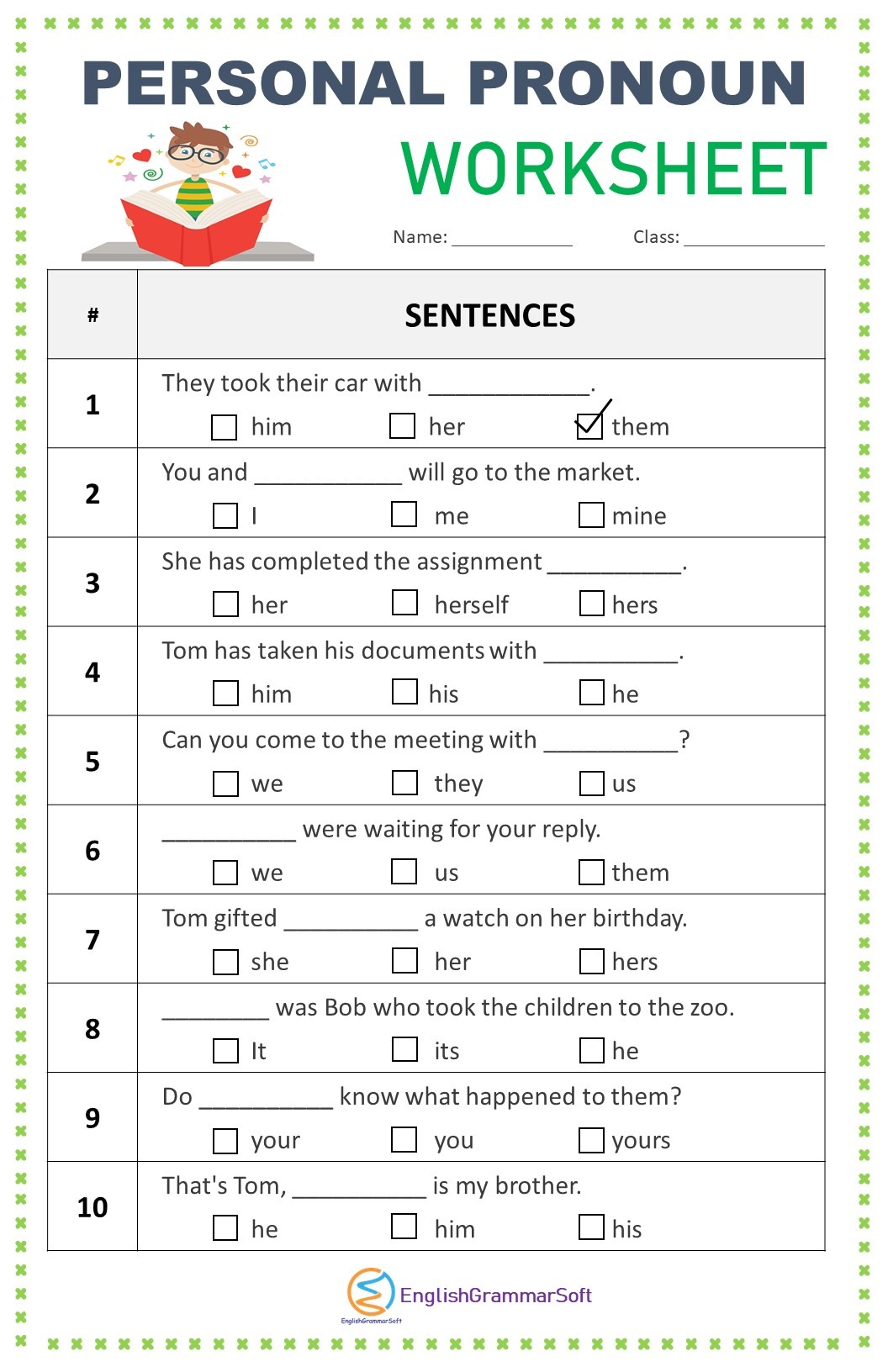 Personal Pronoun Worksheet and Exercise
