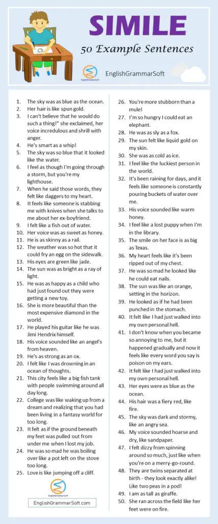 50 Sentences of Simile (Common Examples of Simile) - EnglishGrammarSoft