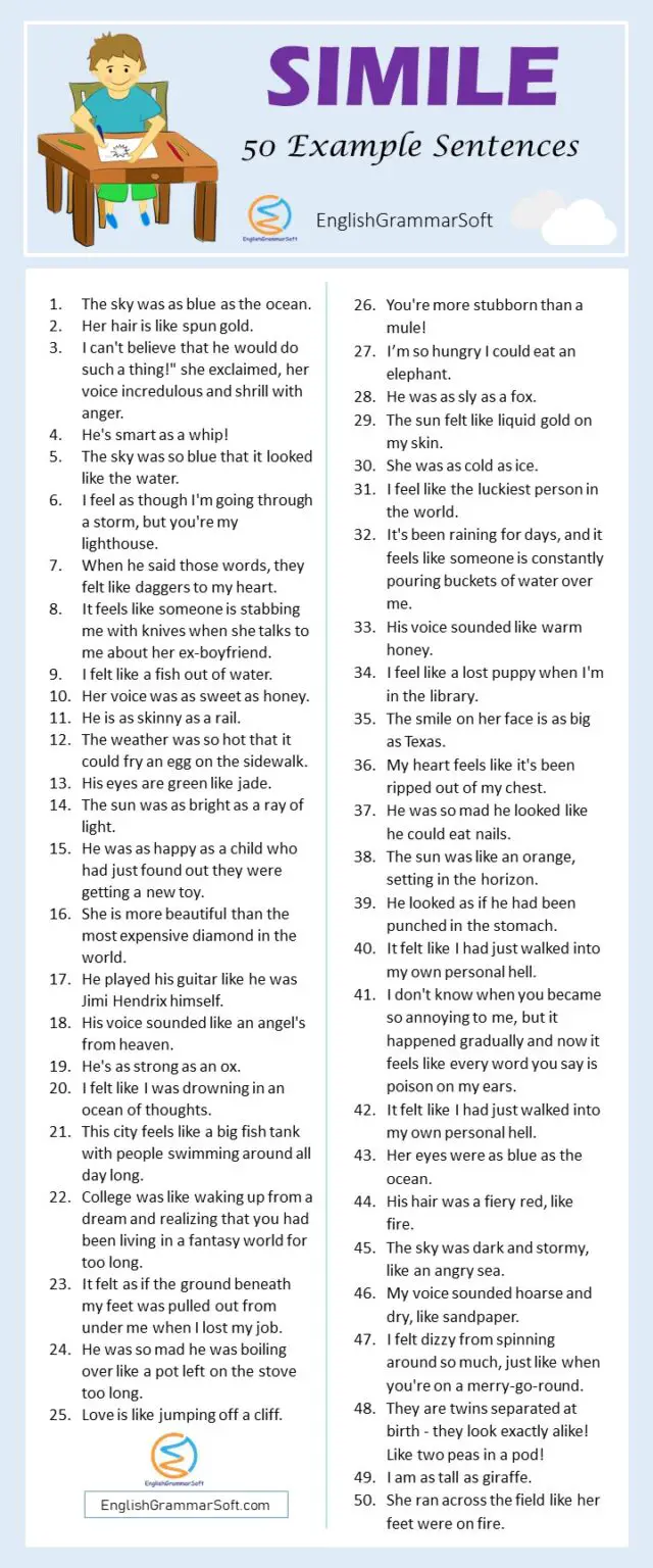 50 Sentences of Simile (Common Examples of Simile) - EnglishGrammarSoft