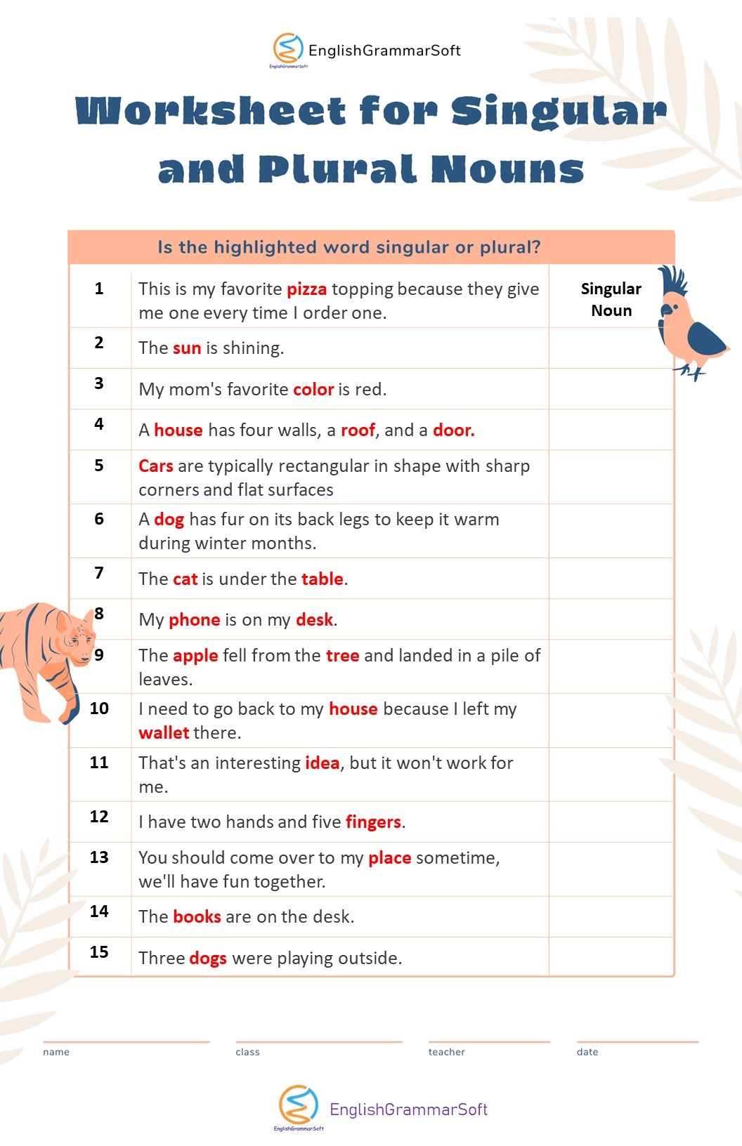 Worksheet for Singular and Plural Nouns