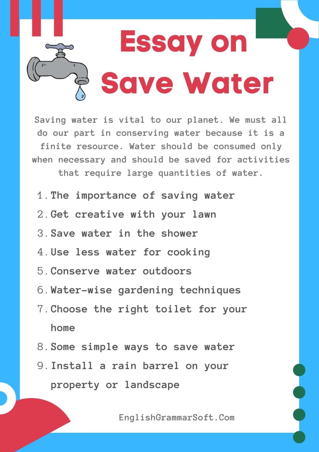 english essay on save water