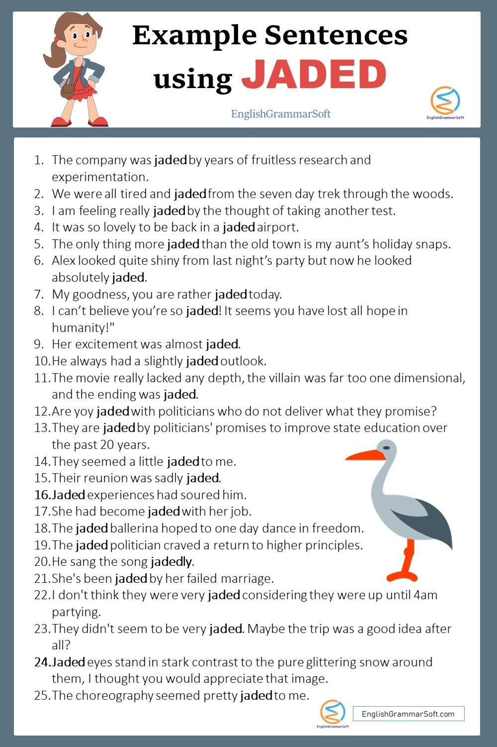 50 Example Sentences using Jaded