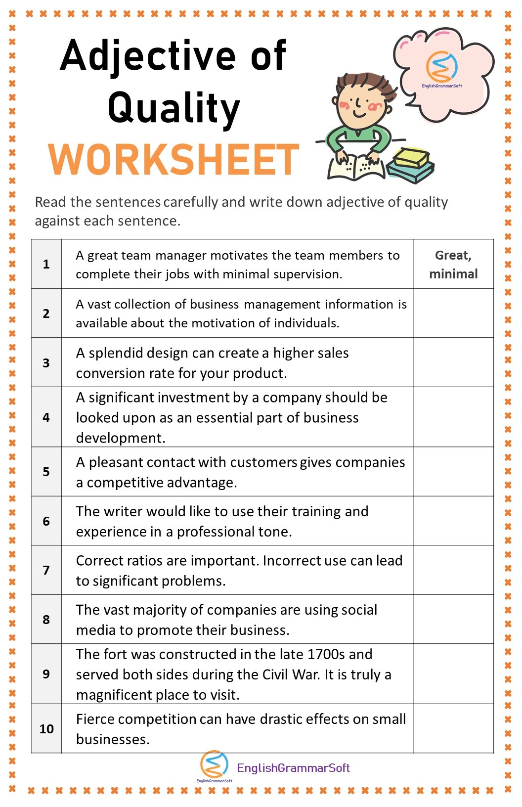 Adjective of Quality Worksheet