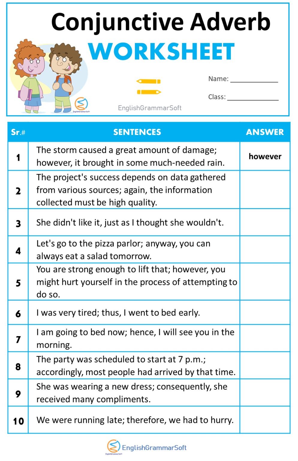 Conjunctive Adverb (Examples Thamo List Worksheets