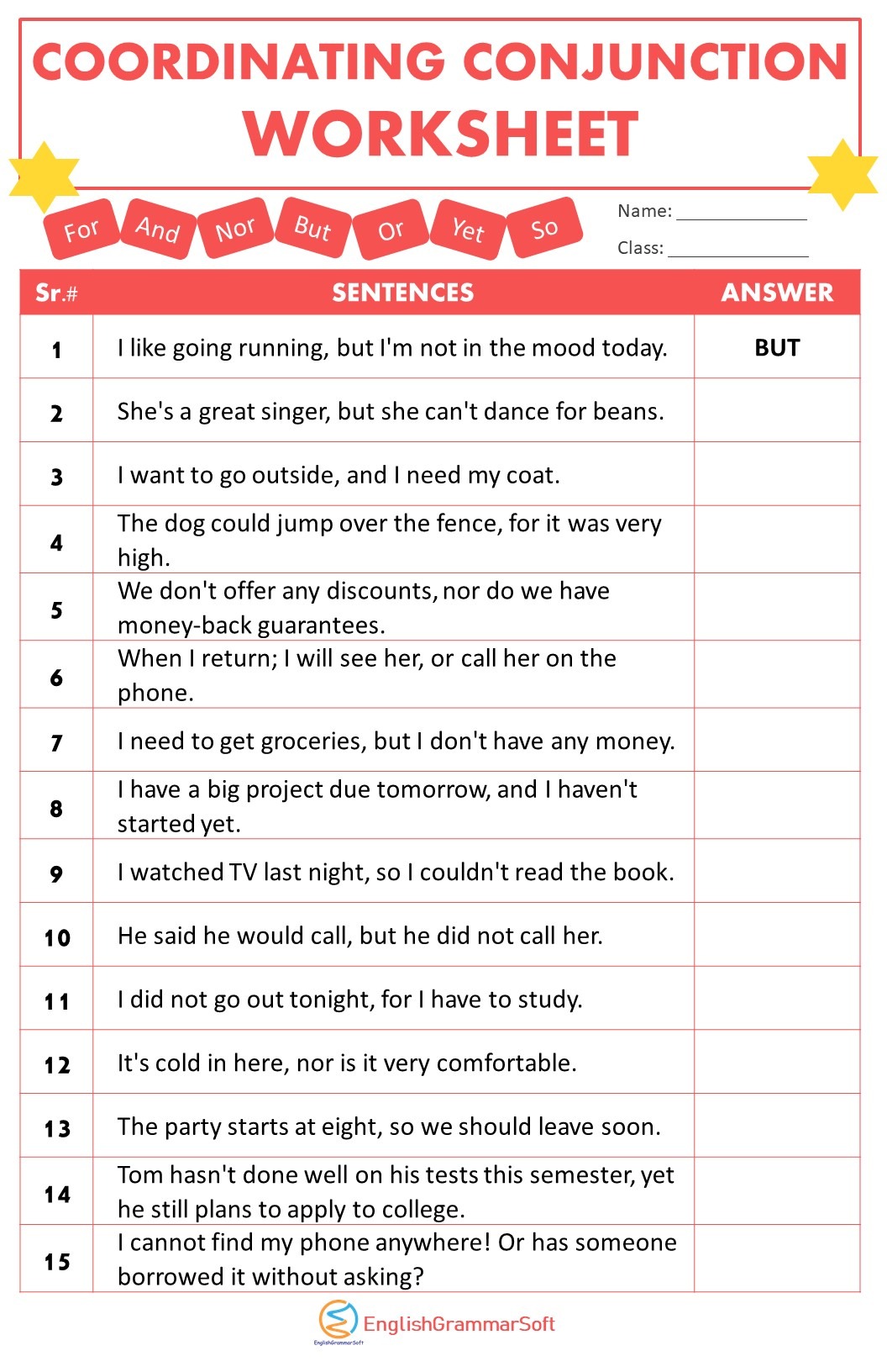 what is a coordinating conjunction examples and worksheet englishgrammarsoft