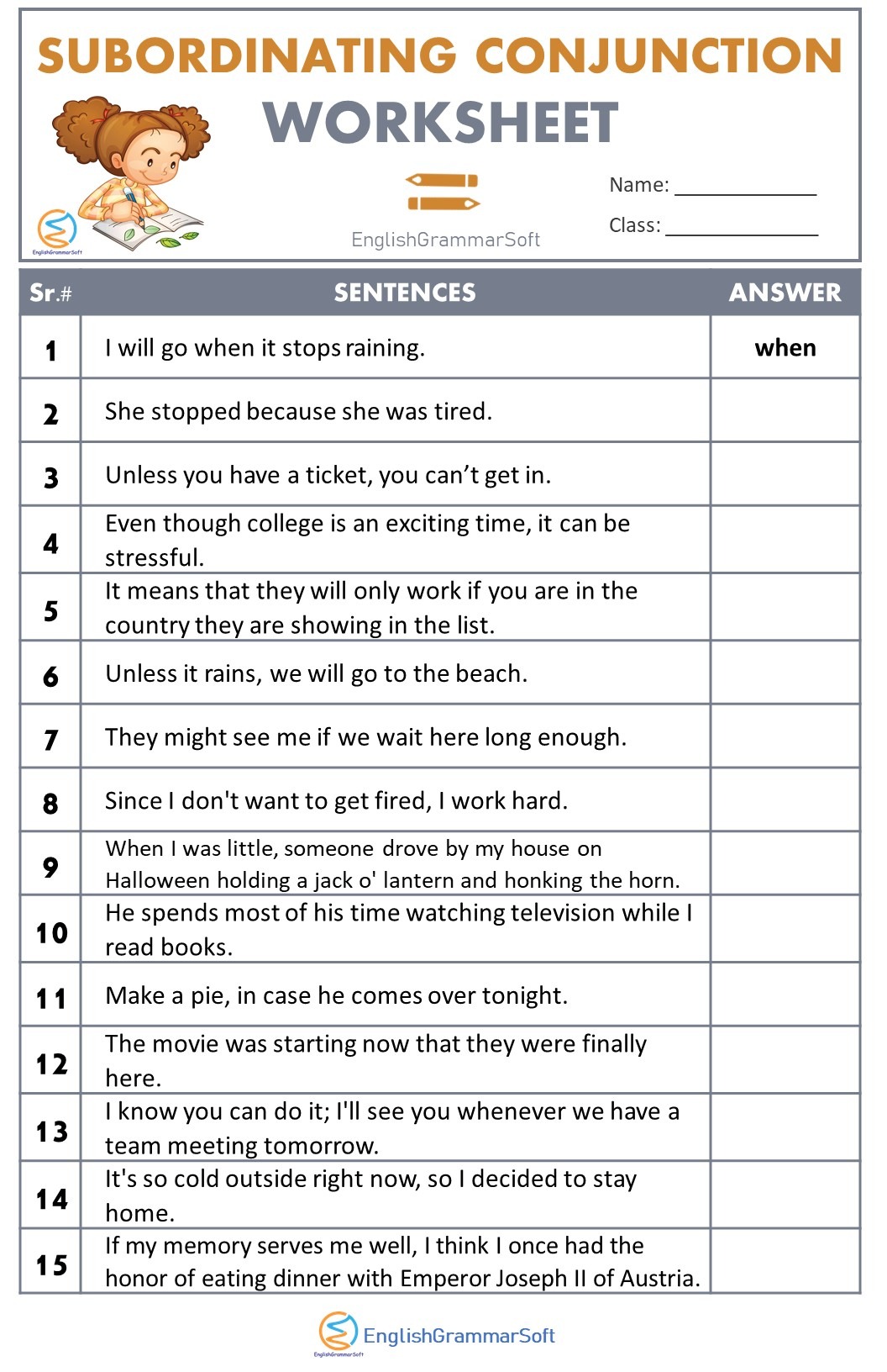 Subordinating Conjunction Worksheet