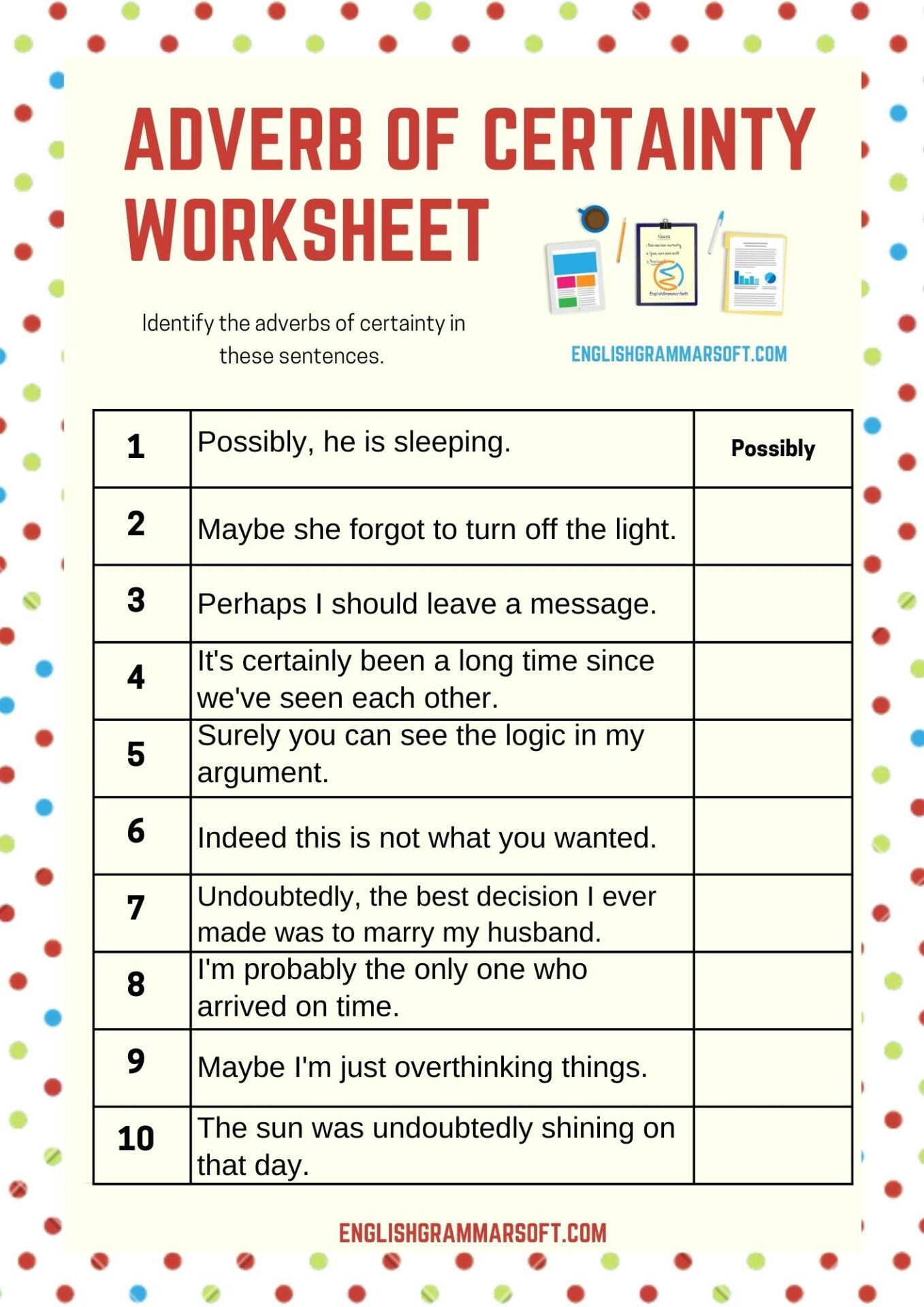 Adverb of Certainty Worksheet