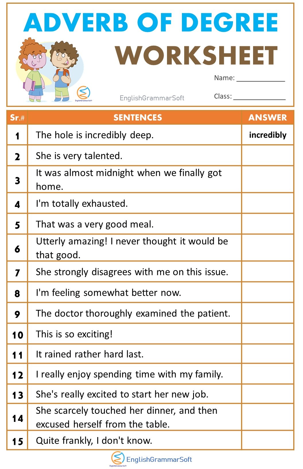 Adverb of Degree Worksheet