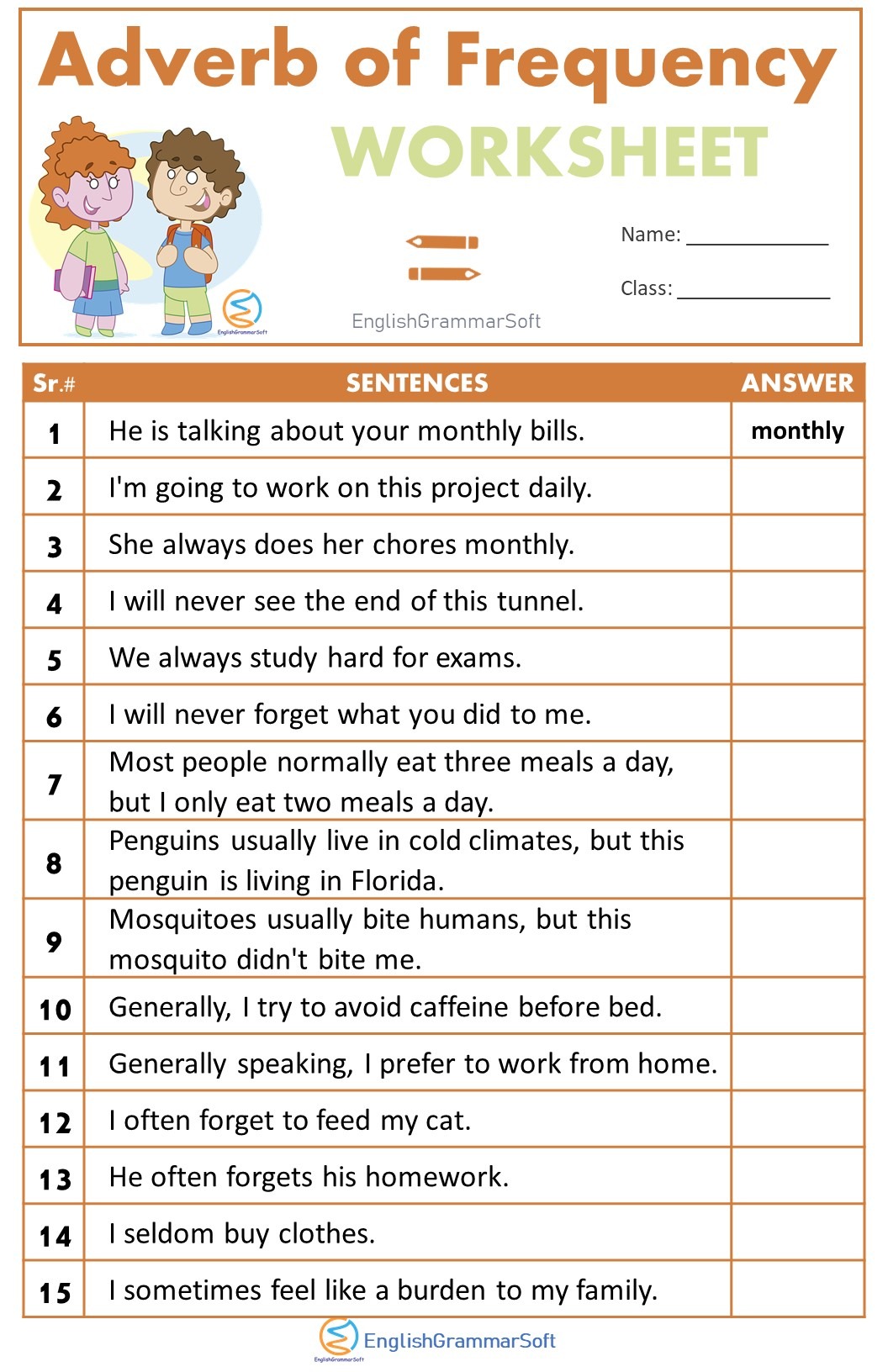 Adverb of Frequency Worksheet with Answers