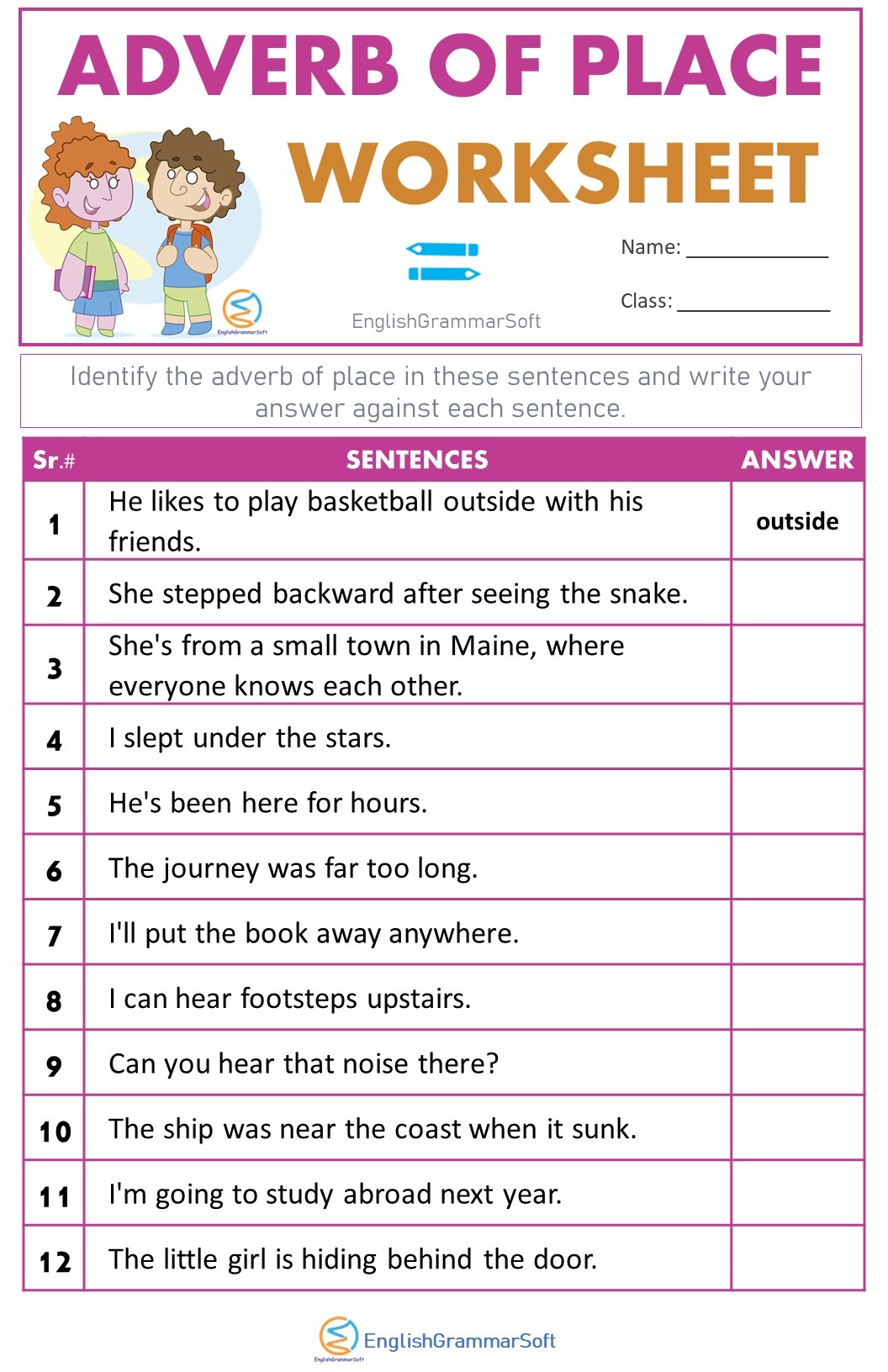 adverb of place list examples worksheet englishgrammarsoft