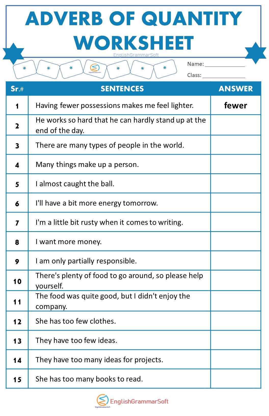 Adverb of Quantity Worksheet