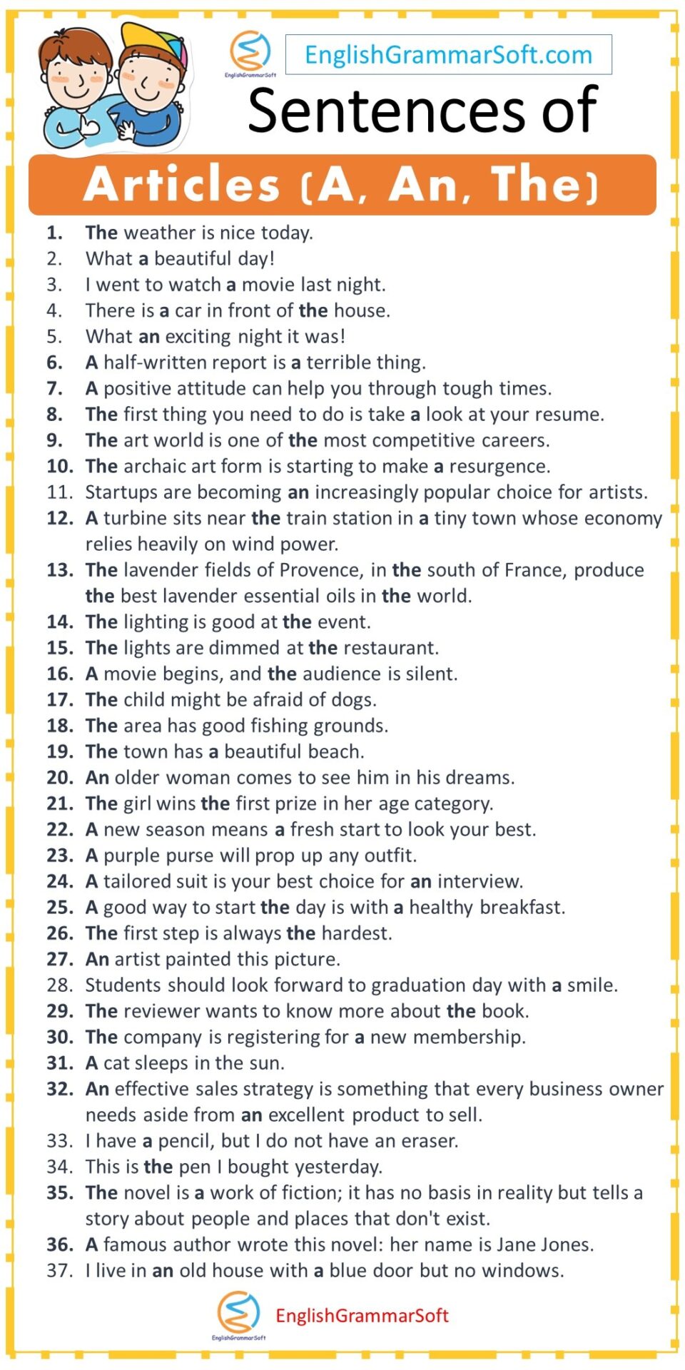 50 Sentences of Articles (A, An, The)