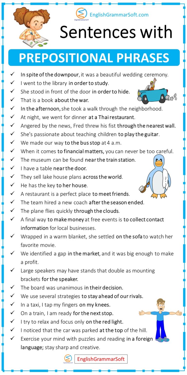 50 Sentences with Prepositional Phrases - EnglishGrammarSoft