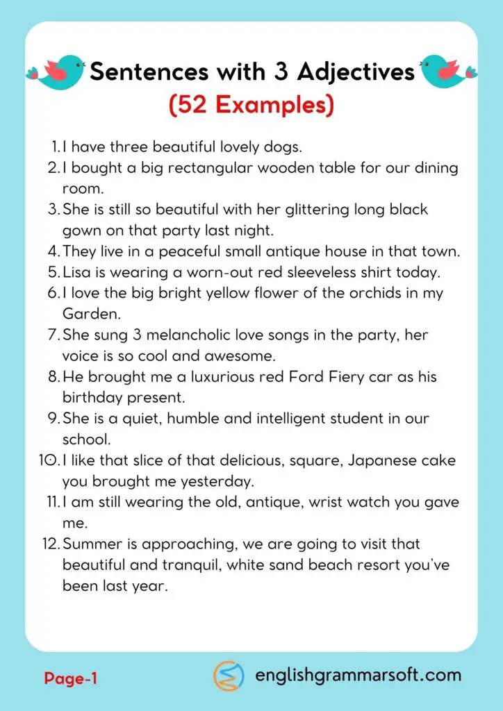 Sentences with 3 Adjectives (52 Examples) Page 1